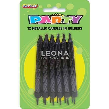12 Metallic Candles In Holders - Black - Leona Party and Home