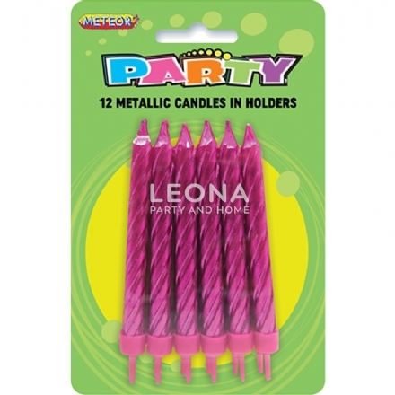 12 Metallic Candles In Holders - Hot Pink - Leona Party and Home