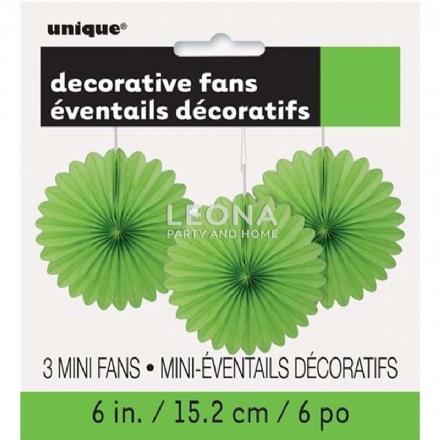3 Decorative Fans Lime Green 15cm - Leona Party and Home