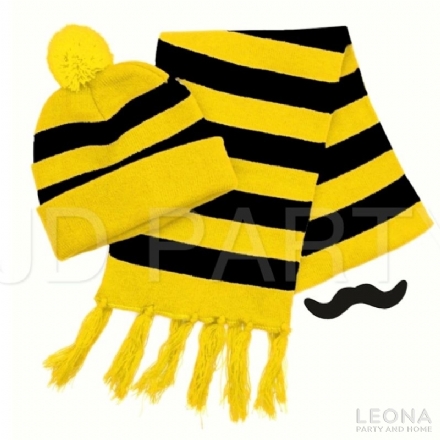 Black & Yellow Beanie & Scarf Set with moustache - Leona Party and Home