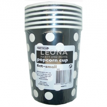 Dots Midnight Black 6 Paper Popcorn Cups - Small 945ml (32oz) - H 140mm x W 115mm - Leona Party and Home