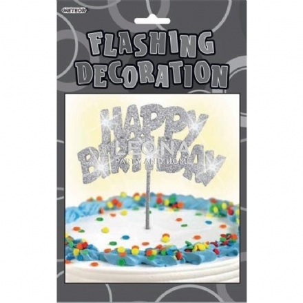 Glitz Silver Flashing Happy Birthday Pick - glitz silver flashing happy birthday pick - 1    - Leona Party and Home