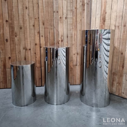 MIRROR METAL ROUND PLINTHS (SILVER) - Leona Party and Home